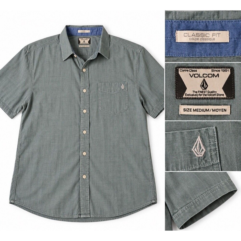 Volcom Men’s Medium Classic Fit Short Sleeve Button Up Shirt Gray Green